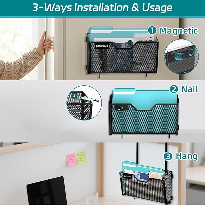 6 Pack Magnetic File Holder Wall File Organizer with Label Panel and 2 Hooks Magnetic Paper Mail Holder for File Office, Cabinets and Whiteboard, Black