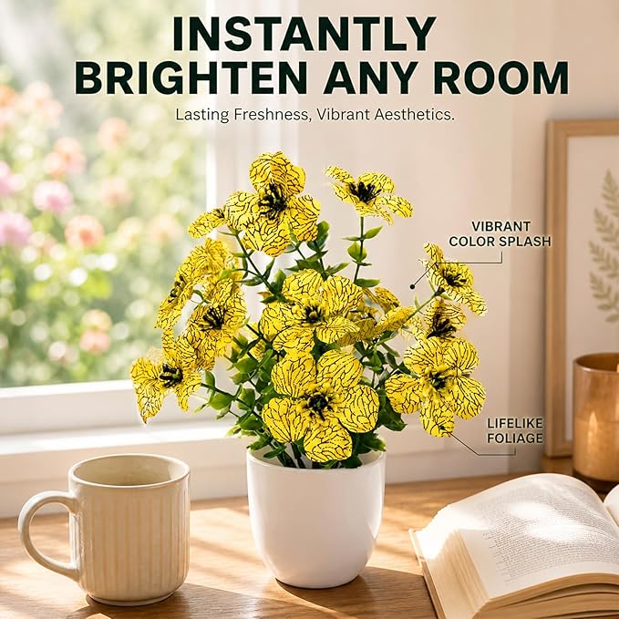 Small Artificial Flowers in Pots, Fake Potted Flowers, Mini Artificial Plants Indoor, Small Fake Flowers with Pot for Spring Decorations for Home, Office Desk, Table & Bathroom Decor