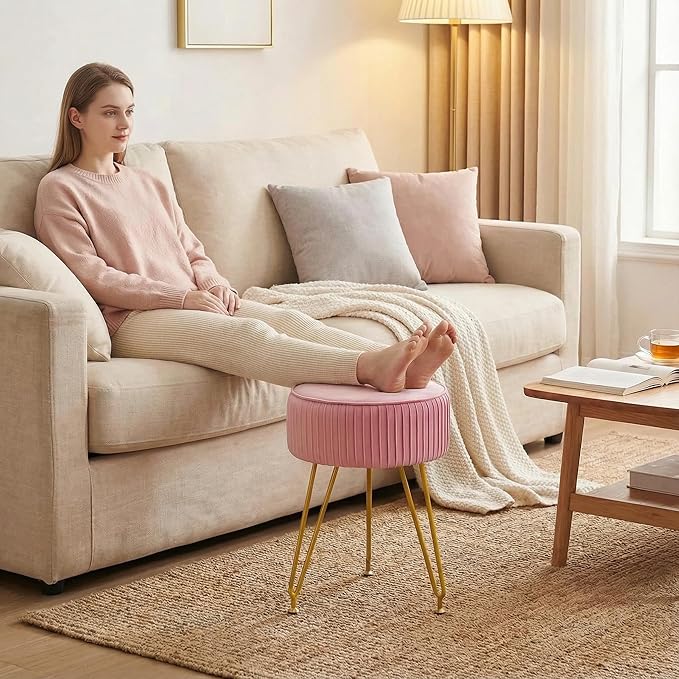 Velvet Vanity Stool, Modern Ottoman Foot Rest Stool with Adjustable Golden Legs, Makeup Chair for Vanity, Multifunctional Small Vanity Chair for Bedroom, Pink