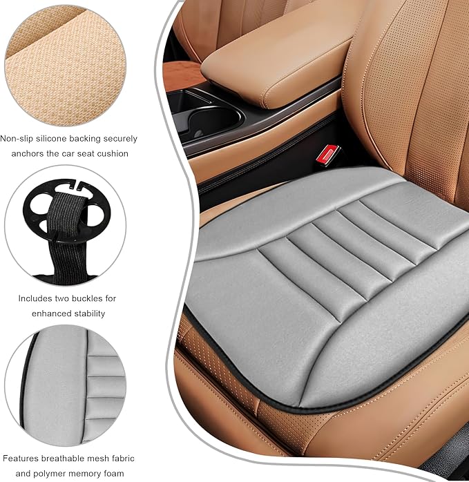 Car Seat Cushion, 1.2" Thick Comfortable Memory Foam Driver Seat Pad with Nonslip Bottom, Breathable Chair Bottom Mat Pressure Relief Pad for Truck SUV Sedan, Car Accessories (Gray)
