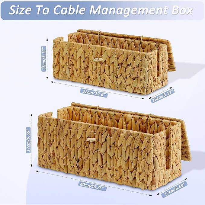 efluky 2 Pack Hand-Woven Floor Cord Covers with Lid, Water Hyacinth Cable Management Box, 2 Open Slots Cord Box to to Hide Cords Power Strip for Desk, Floor, Office