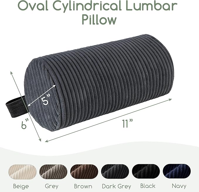 Lumbar Roll Lumbar Support Pillow for Office Chairs, Cars, and Gaming Chairs, Back Cushion with Washable Cover & Adjustable Strap to Relieve Back Pain and Improve Posture, 11"x6"x5", Dark Grey