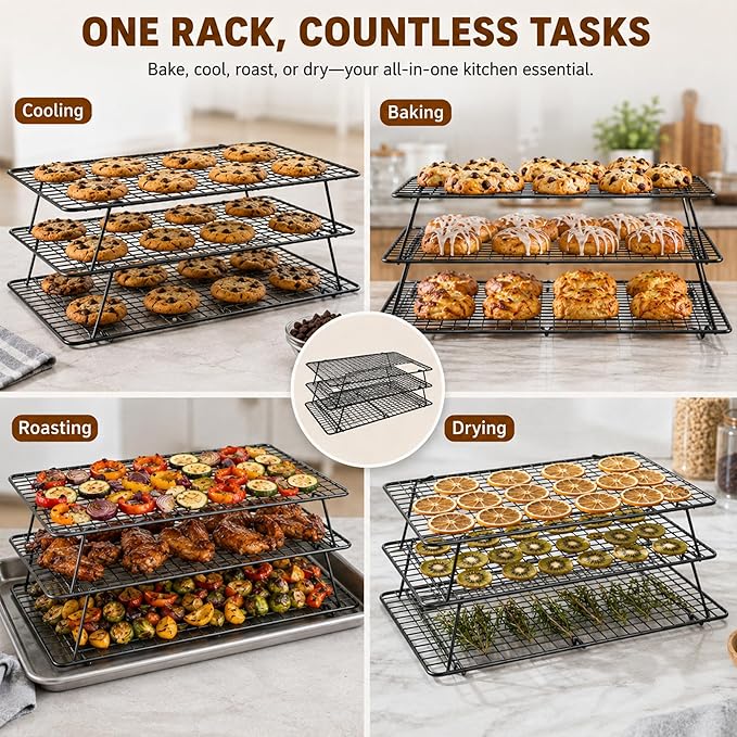 Cooling Rack, 3 Tier Stackable Cooling Racks for Cooking Baking Roasting, Multi-Level Collapsible Cookie Rack for Cakes, Oven Safe & Easy Clean (Black, 3-Tier-SL)