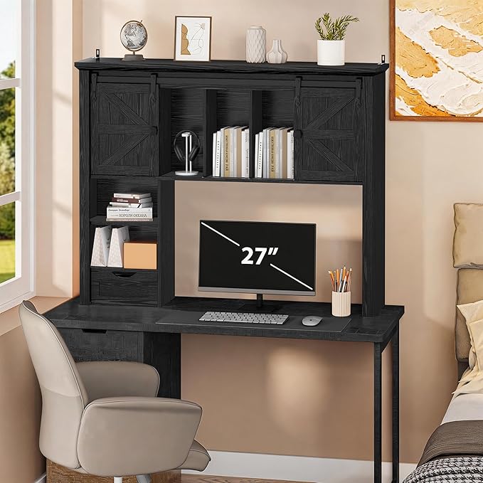 Large Desktop Bookshelf with Sliding Barn Door, 47.2''W Desk Shelf Display Rack, Desktop Organizer Storage Rack with 7 Cubbies and Drawer, Home, Desk Shelf for Office, Dorm, Vanity, Black