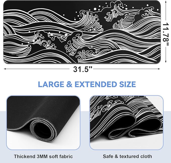 DIGSOM Gaming Mouse Pad - Large 31.5 x 11.8 in Black and White with Stitching Edges, Non-Slip Rubber Base Large Mouse Mat and Keyboard Pad (Sea Wave)