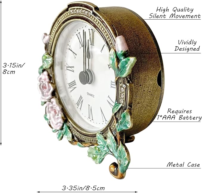 Silent Mini Vintage Analog Table Clock with Hand-Painted Metal Body and Battery Operated Non-Ticking Core for Shelf, Bedroom, Bedside, Desk, Gift Clock