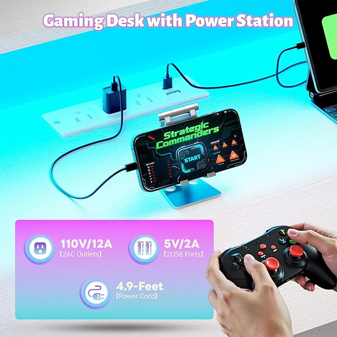EnHomee 53 inch L Shaped Gaming Desk with LED Lights & Power Outlets, Reversible Corner Desk with Monitor Stand, Computer Desk with Shelf and Drawers for Home Office Writing, Study & Gaming, White