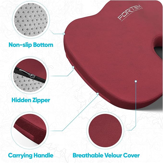 FORTEM Seat Cushion, Office Chair Cushion, Memory Foam Car Seat Cushions, Sciatica Coccyx Tailbone Pain Relief, Chair Cushions for Back Support, Sitting Pad for Gaming, Washable Cover, Non Slip