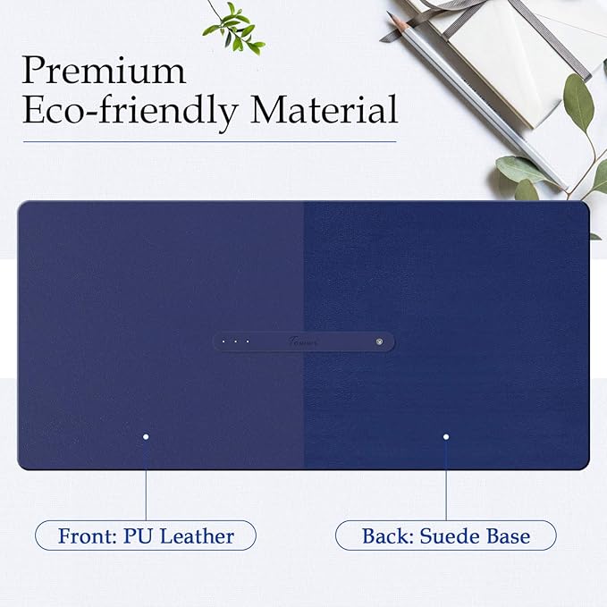 TOWWI PU Leather Desk Pad with Suede Base, Multi-Color Non-Slip Mouse Pad, 32” x 16” Waterproof Desk Writing Mat, Large Desk Blotter Protector (Dark Blue)