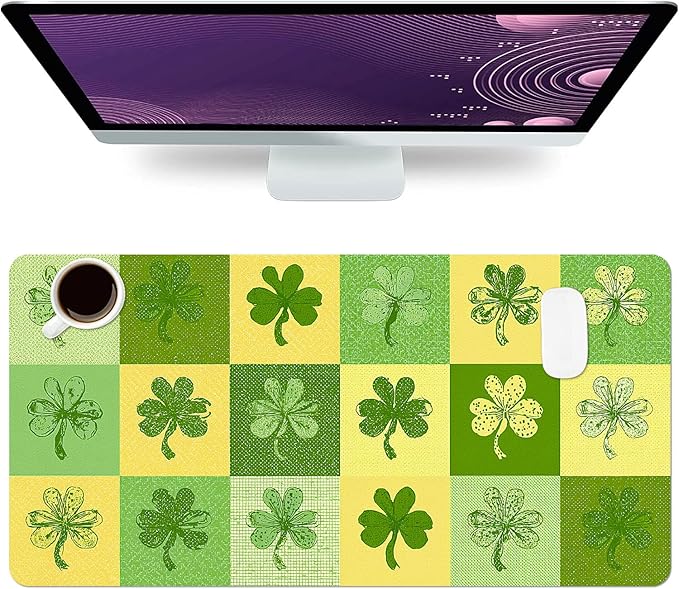 Four-Leaves Clover Mouse Pad PU Leather Green Lucky Desk Mat Large Waterproof Gaming Pad Non-Slip Keyboard Mouse Pad Writing Pad for Gamer Office&Home