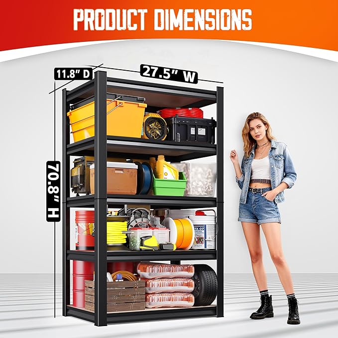 9-Pack Heavy Duty Metal Shelving Units, 71" H x 28" W x 12" D, 5-Tier Adjustable Steel Storage Racks for Garage, Warehouse, Industrial, and Home Organization, 1900 lbs Capacity
