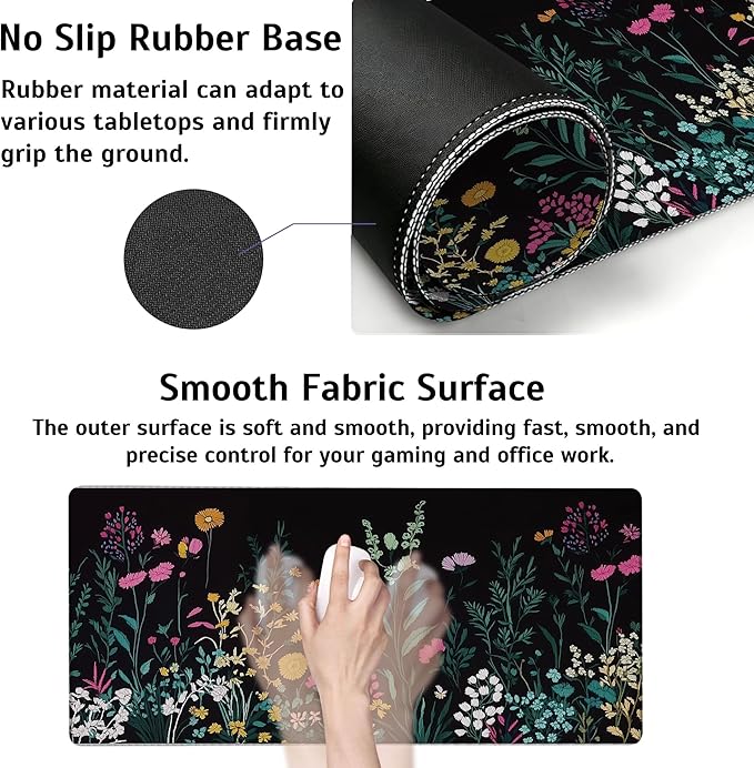 Large Gaming Mouse Pad Floral Meadow Desk Mat,Non-Slip Rubber Base Stitched Edges,Extended Mousepad for PC,Laptop,Office,Home Decor(31.5 x 11.8 Inch)