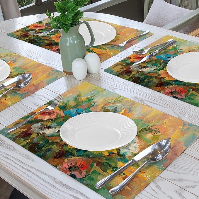 Painting Placemats Set of 6, Floral Faux Leather Place Mats for Holiday Banquet Kitchen Dining Table Decor, Heat Resistant Washable Non-Slip Waterproof Table Mats Set, 17" x 12"