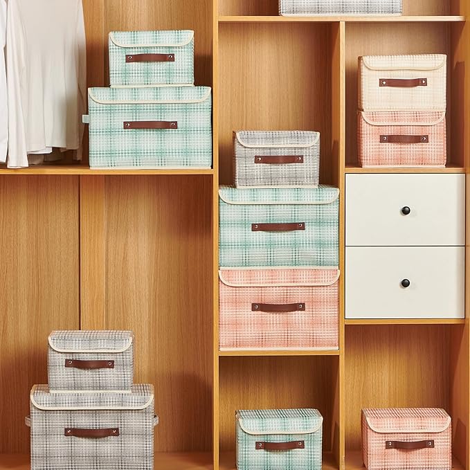 Storage Boxes with Lid 3D Textured Fabric Storage Bins Closet Organizer Containers Decorative Collapsible Washable Shelf Baskets with Faux Leather Handles (Silver Gray, Small Size)