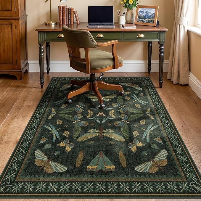4'x5' Dark Green Office Chair Mat for Hardwood Floors, Insect Boho Design,Non-Slip Low Pile Desk Rug, 48"x60" Small Area Rug for Computer Desk Home Office, Machine Washable WFH Essential for Dorm Room