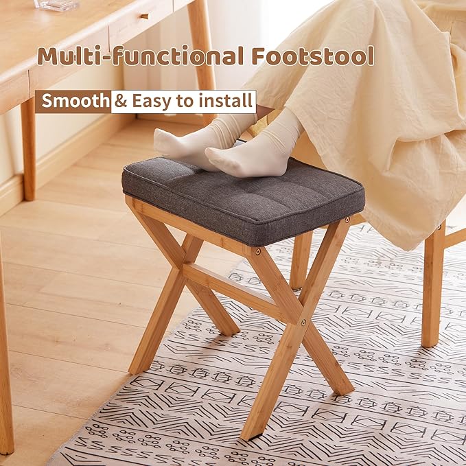 Foot Stool Small Ottoman Foot Rest Padded Foot Stool Desk for Under Office Desk Vanity Stool Bamboo Footstool Sofa Footrest Shoe Stool Small Foot Stools (Natural Legs + Gray)