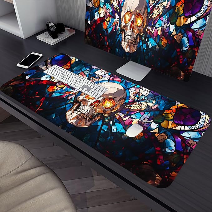 Cartoon Skull Gaming Mouse Pad Vintage Stained Glass XL Mouse Pad Large Mousepad Extended Laptop Keyboard Mat Gaming Desk Pad Mouse Mat 31.5"x11.8" Office Computer Keyboard Laptop Home