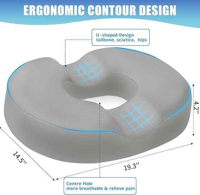 BlissTrends Donut Pillow Seat Cushion, Chair Cushions for Postpartum Pregnancy & Hemorrhoids, Tailbone Pain Relief Cushion, Memory Foam Lifting Cushions for Office&Home Chairs (Light Grey, XX-Large)