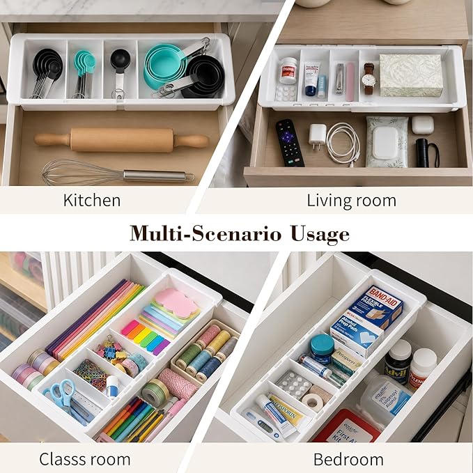 Expandable Measuring Cup Organizer & Measuring Spoon Organizer for Deep Drawers, 11.4''–18.1'' Adjustable Kitchen Drawer Organizer with 3 Dividers, Space-Saving Flatware Bin for Home & Kitchen