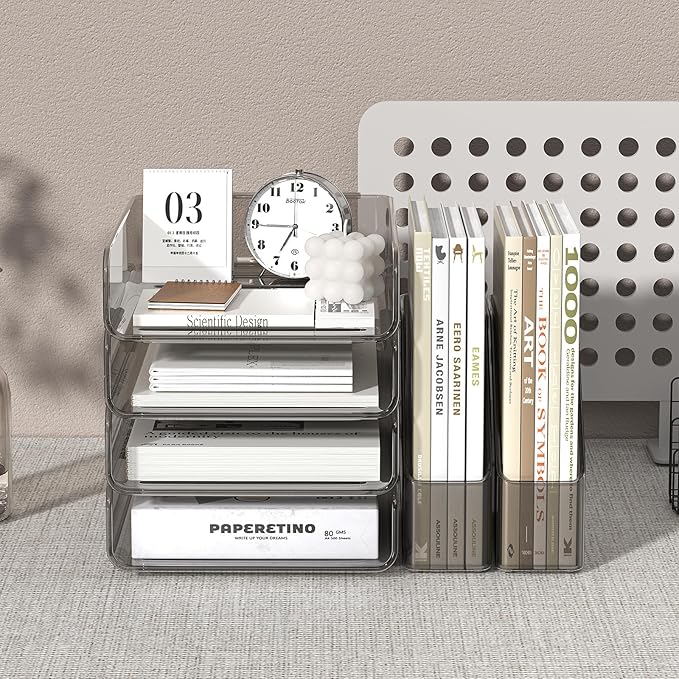 FANXIYQ 4-Tier Acrylic Paper Tray Organizer with Bookends | Clear Stackable Desk Organizer for Documents, Letters, A4 Paper | Modern Office/Classroom/Home Organization,Brown