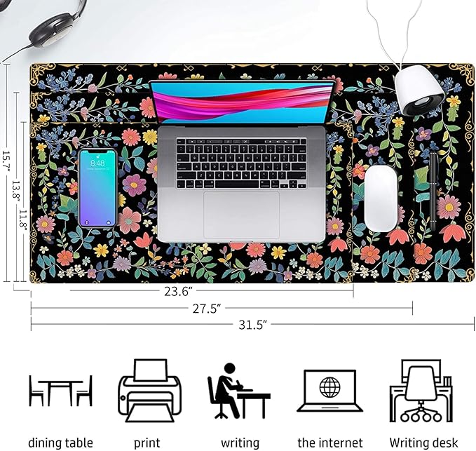 Desk Mat Large Mouse Pad, Non-Slip PU Leather Gaming Mousepad Keyboard Mouse Mats Desk Pads 23.6"x11.8" for Work Office Decor Gifts Black Floral
