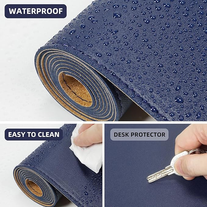 AFIING Cork Desk Mat 47" x 17", Dual-Sided Natural Cork & PU Leather Desk Pad, Non-Slip Waterproof Large Mouse Pad for Office, Home & Gaming (Blue)