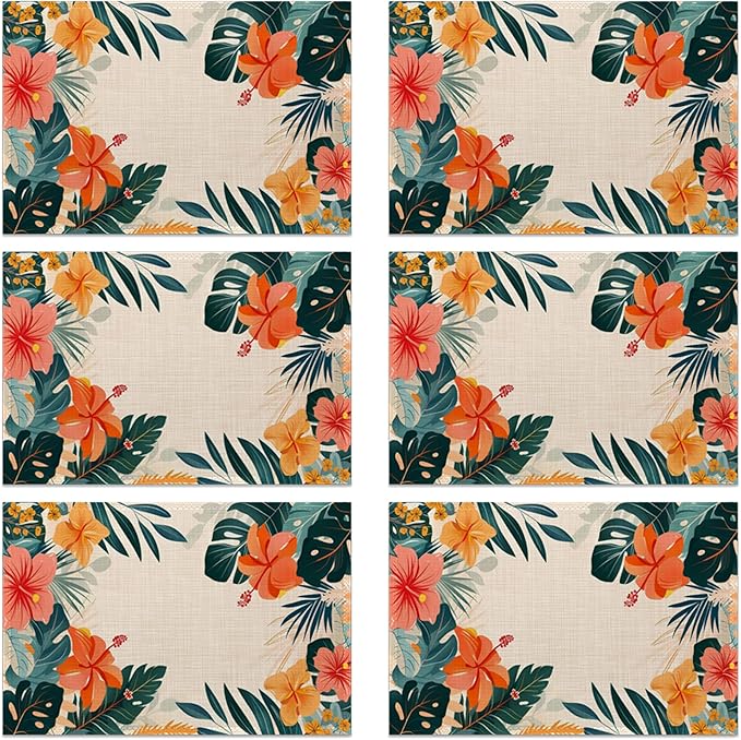 Placemats Set of 6, Tropical Floral Orange Flowers Linen Placemats 12x18 Inch, Heat Resistant Table Mats, Washable Non Slip Place Mats for Dining Table Kitchen Home