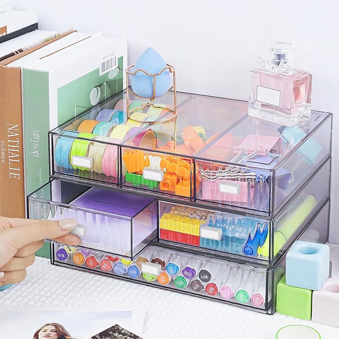 3 Tier Stackable Desk Organizer with 6 Drawers, YOCOMEY Plastic Desktop Storage Box Drawers, Detachable Makeup Storage Office Stationery Supplies Organizer for Office School(Clear)