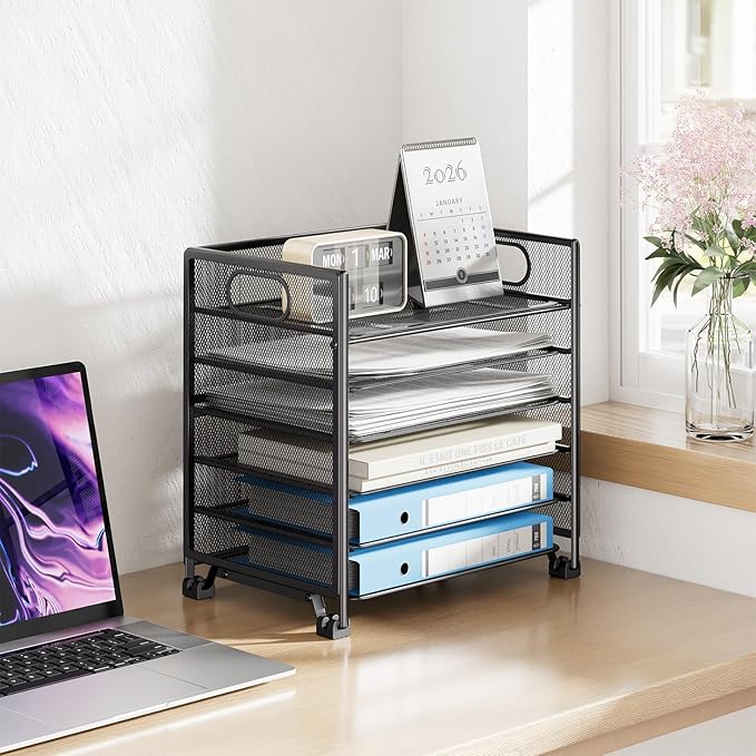 Simple Trending 6-Tier Paper Organizer for Desk– Letter Tray & File Holder with Handle, Metal Mesh Desktop Document Shelf for Office, Black