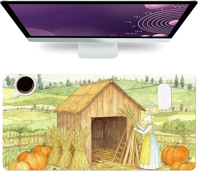 Farmer Rabbit Mouse Pad PU Leather Harvest Desk Mat Large Waterproof Gaming Pad Non-Slip Keyboard Mouse Pad Writing Pad for Gamer Office&Home