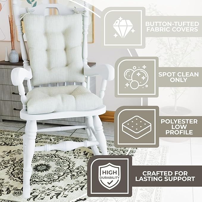 Klear Vu The Gripper Non-Slip Rocking Chair Cushion Set with Thick Padding, Includes Seat Pad & Back Pillow with Ties for Indoor Living Room Rocker, 17x17 Inches, 2 Piece Set, Ivory