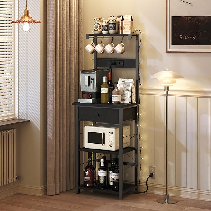 MAHANCRIS Bakers Rack with Drawer, Microwave Stand with Power Outlet, Coffee Bar Station with 4 Hooks, Kitchen Storage Shelf Rack 4 Tiers, for Kitchen, Dining Room, Black BRBK48E01
