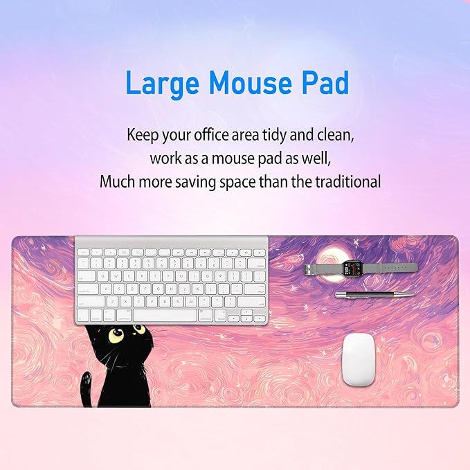 Starry Night Cat Cute Mouse Pad,Large Pink Gaming Mousepad,Extende Dreamy Anime Washable Keyboard Desk Mat,Kawaii Stitch Mousemat for Women Girls,31.5 x 12in