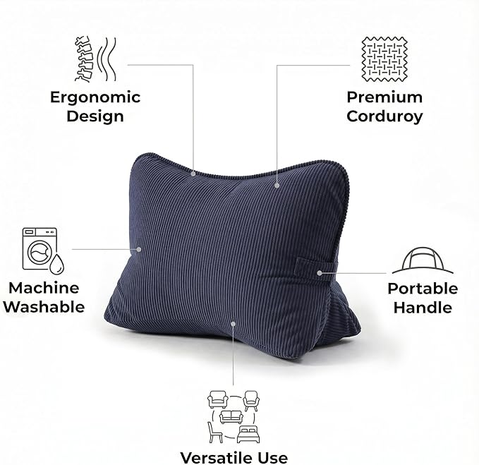 Pat. Pend. Corduroy Wedge Pillow with Lumbar Support, Triangle Cushion for Sofa, Couch, Bed or Recliner, Reading Pillow for Sitting & Relaxing, Navy Blue