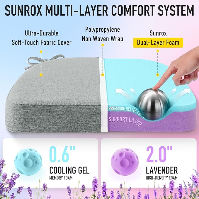 SUNROX Cooling Gel Memory Foam Chair Cushions, 2.6" Thick U-Shaped Dual-Layer Comfort Dining Chair Pads, Non Slip Seat Cushion with Ties for Indoor Kitchen Office 17"x16" Set of 8, Heather Grey