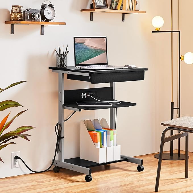 Topeakmart Mobile Laptop Desk Compact Computer Table on Wheels with Power Outlet and USB Ports, Home Office Writing Desk with Charging Station and Printer Shelf Small Desk 22in for Space Saving, Black
