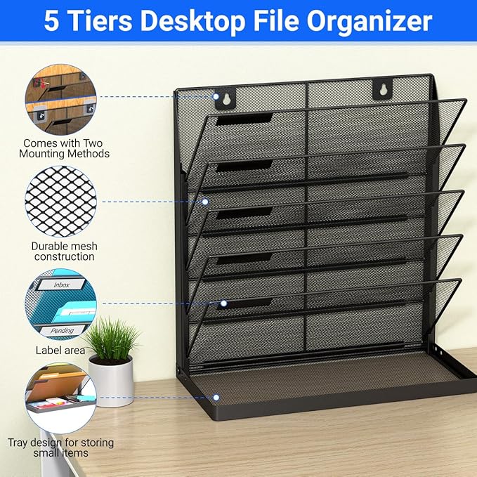 Legal/Letter Size 6 Tier Wall File Organizer,2-in-1 Wall Mounted&Desktop File Holder,2 Installation Methods Screws & Adhesive,Mesh Document Organizer with Label Plate for Home Office