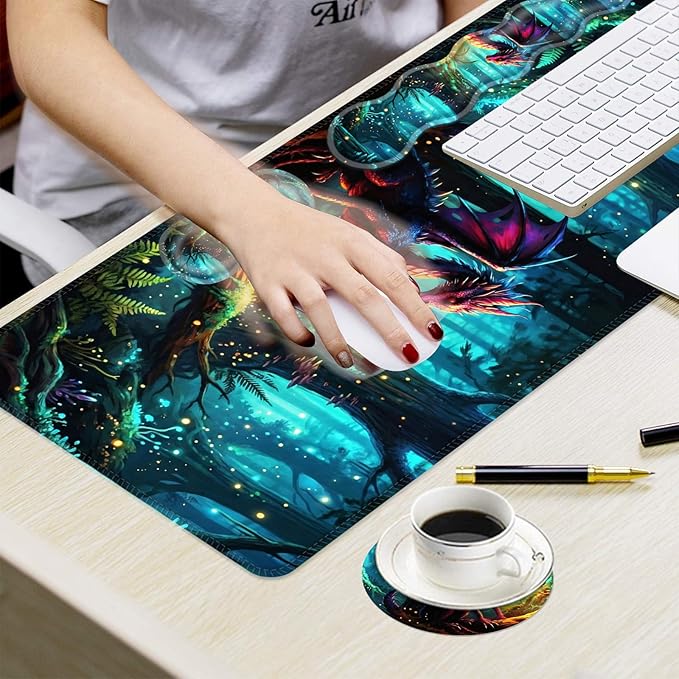 Ergonomic Mouse Pad Set with Wrist Support for Keyboard and Wrist Rest for Mouse, Memory Foam Comfort, Non-Slip Large Desk Mat for Home Office Pain Relief,Forest Dragon