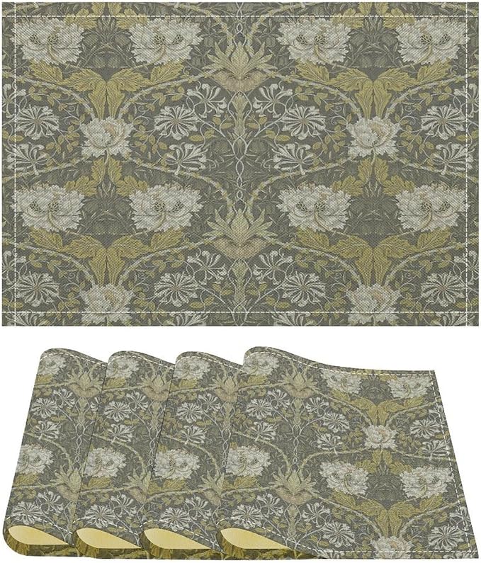 William Morris Floral Placemats Vintage Flower Art Style Boho Chic Retro Floral Linen Washable Table Mats Stain Heat-Resistant Desktop Decor Place Mats for Home Kitchen Dining Party 12x18 in 6 Pcs