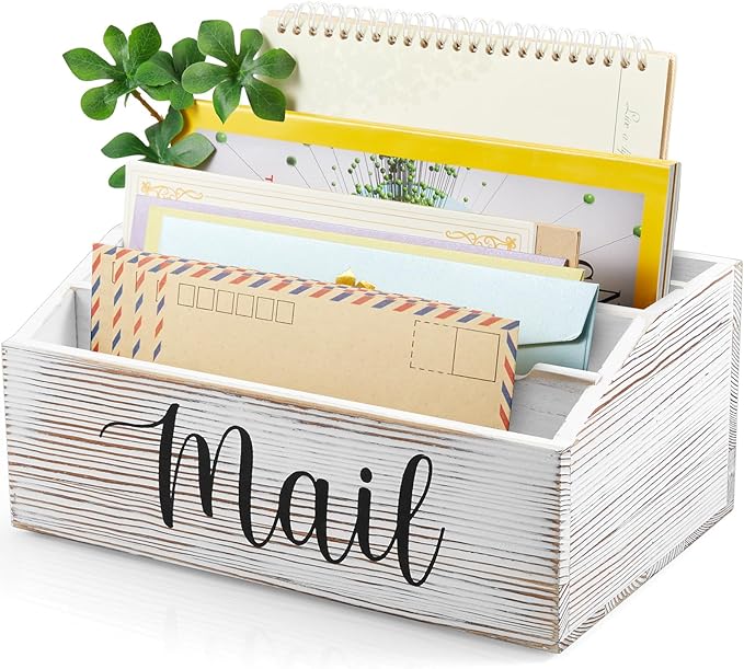 DRASTAR Mail Organizer Countertop, Mail Holder with 4 Slots, Mail Sorter Organizer for Desk, Envelope Holder for Home Office, Retro White