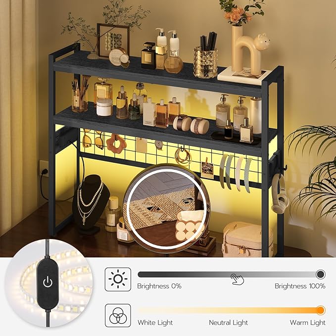 HOOBRO Desktop Bookcase, 37.4" Large Desk Shelf, 2-Tier Desktop Organizer, Wooden Office Storage Rack with Outlets, Display Shelf Rack with Light Strip, Desk Hutch for Office, Black BB13UDSJ01