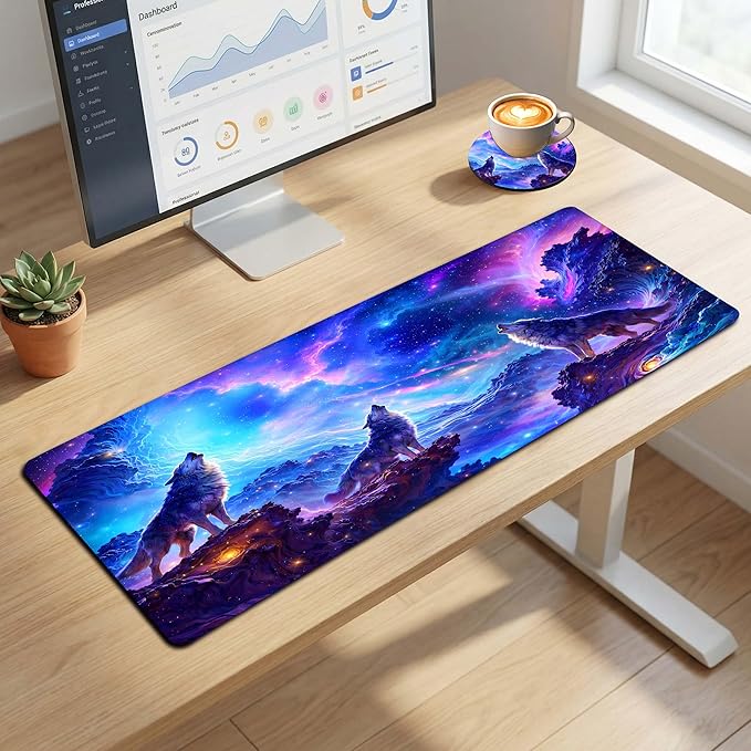 Extended Large Mouse Pad 31.5 x 11.8 Inches – AiLiTeck Premium Desk Mat Mousepad with Stitched Edges, Waterproof, Non-Slip Rubber Base for Office Home, Includes Coaster–Wolf Galaxy
