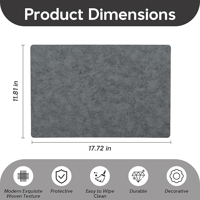 Placemats Set of 4 Reversible Dual-Color Table Placemats, Faux Leather 100% Waterproof Oil-Proof Wipeable Place Mats, Heat Resistant Dual Sided Table Mats for Kitchen/Dining/Party (Gray