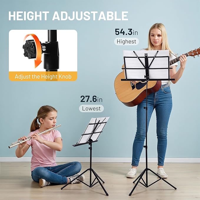 CAHAYA Portable Sheet Music Stand: Dual Use Desktop Book Holder Folding Lightweight Extra Stable Reinforced with Carrying Bag and Clip for Students Musicians Height Adjustable up to 54.3" CMS0204