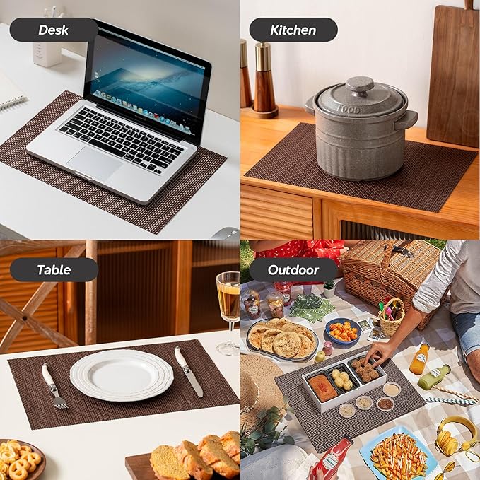 Placemats Set of 4, Heat Resistant Place Mats, Washable PVC Table Mats, Woven Vinyl Plastic Placemats for Dining Table, Non-Slip Stain Resistant Kitchen Table Placemats Easy to Clean?Dark Brown?