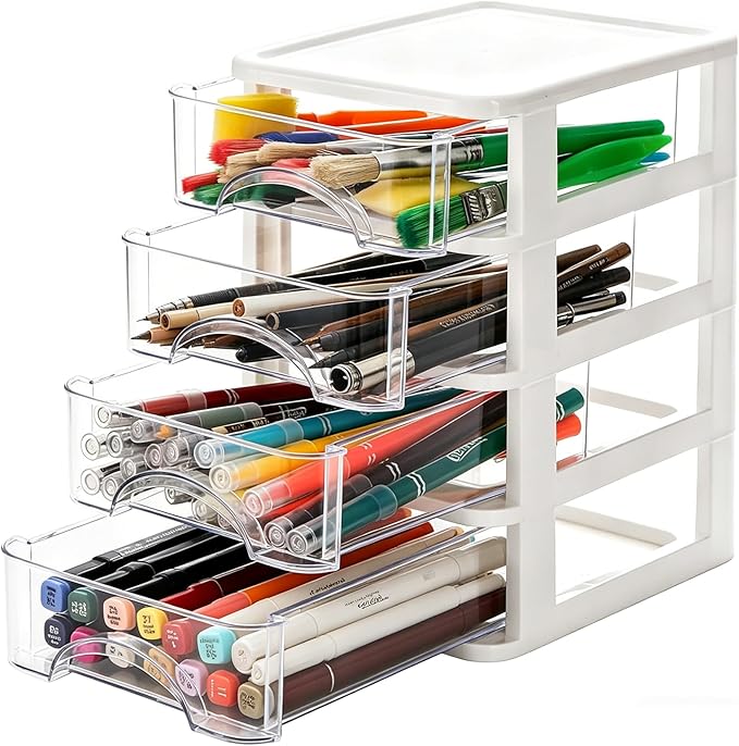 Plastic Desktop Drawer Organizer, Small Clear 4-Tier Storage Drawers, Mini Desk Organizer for Office Stationery Makeup Vanity Supplies