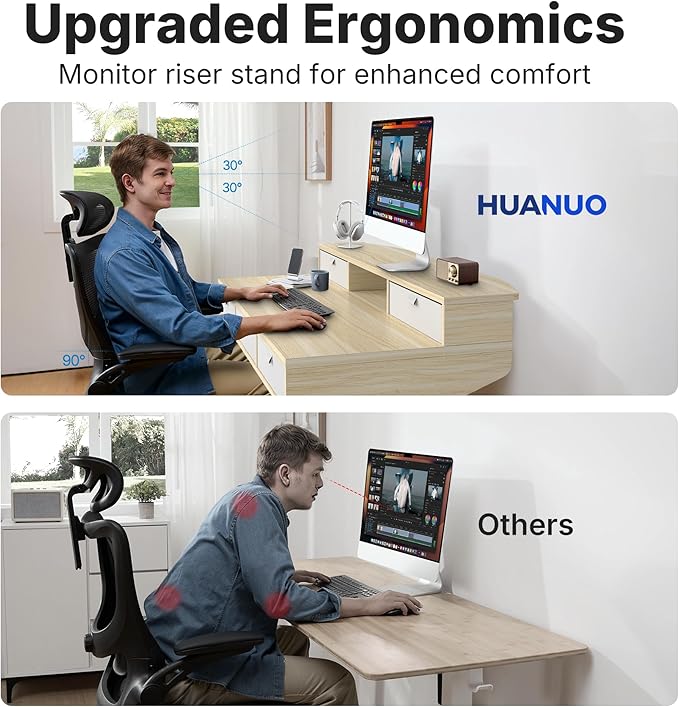 HUANUO 40 X 24 inch Electric Standing Desk with 4 Drawers, Adjustable Height Sit Stand Home Office Desk, C-Clamp Mount Compatible, Ergonomic Stand up Desk with 4 Preset Heights, Natural