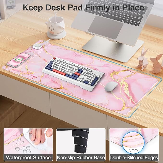 Wireless Charging Mouse Pad with Foldable Phone Holder, 31.5"x15.8" Large Desk Mat for Laptop/Keyboard, Waterproof Ultra-Smooth Surface, Non-Slip Base, Pink Marble