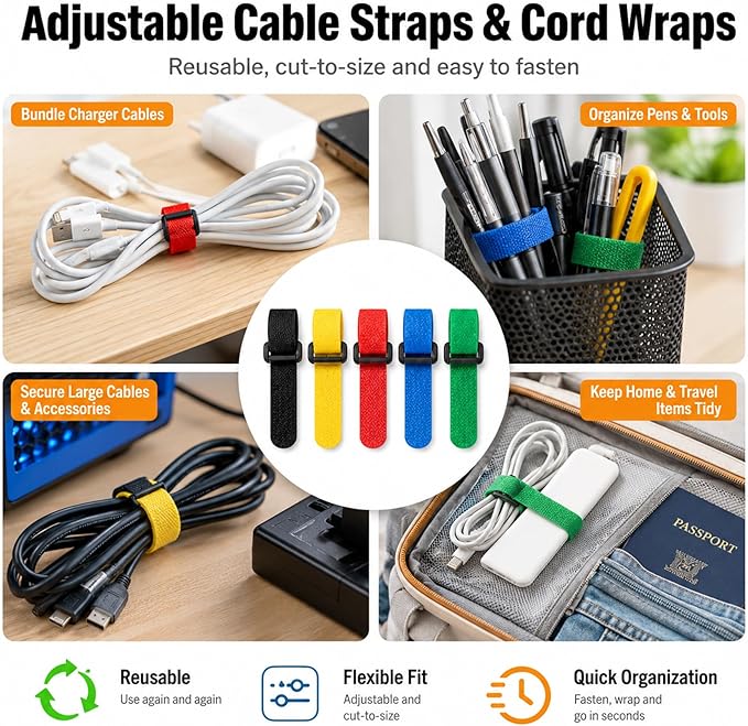 Cable Management Kit, 135Pcs Reusable Hook and Loop Cable Ties, Adhesive Clips, Cord Labels for Desk Cord Organizer Home Office - Multicolor