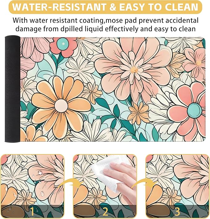 70s Inspired Flower Large Extended Gaming Mouse Pad Pink Flower XXL Mousepad Desk Pad for Keyboard and Mouse, Non-Slip Rubber Base Mousepad with Stitched Edges for Office Desk Decor, 31.5 x 15.8 in